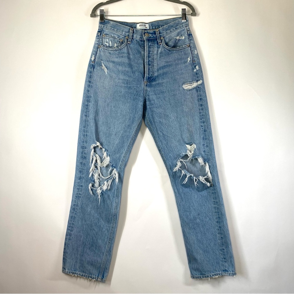 Agolde Blue Wash 90’s Mid Rise Distressed Straight Leg Jeans Size 24